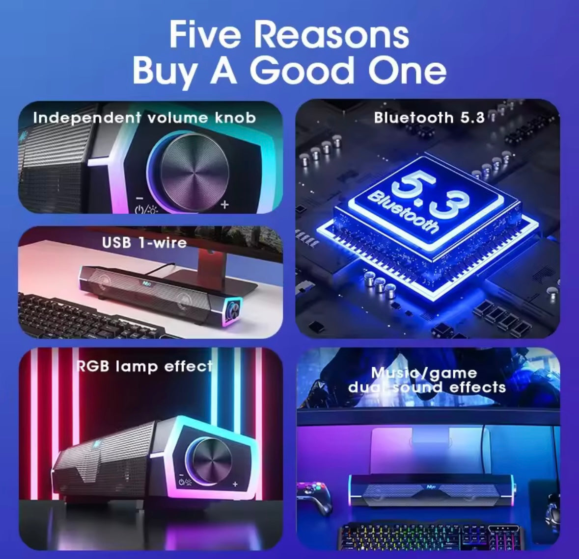 4D Stereo Sound Bar, PC Speaker, Surround Soundbar, Bluetooth Wired and Wireless Computer Speakers, RGB Subwoofer for Laptop, Theater, and TV