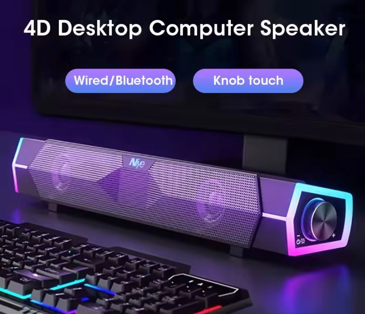 4D Stereo Sound Bar, PC Speaker, Surround Soundbar, Bluetooth Wired and Wireless Computer Speakers, RGB Subwoofer for Laptop, Theater, and TV