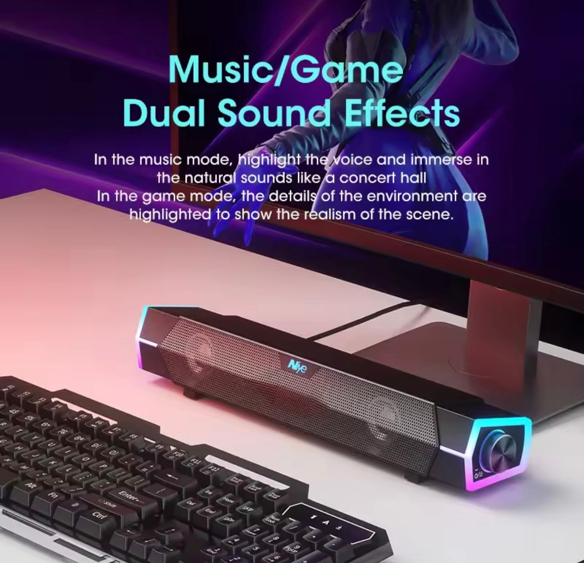 4D Stereo Sound Bar, PC Speaker, Surround Soundbar, Bluetooth Wired and Wireless Computer Speakers, RGB Subwoofer for Laptop, Theater, and TV